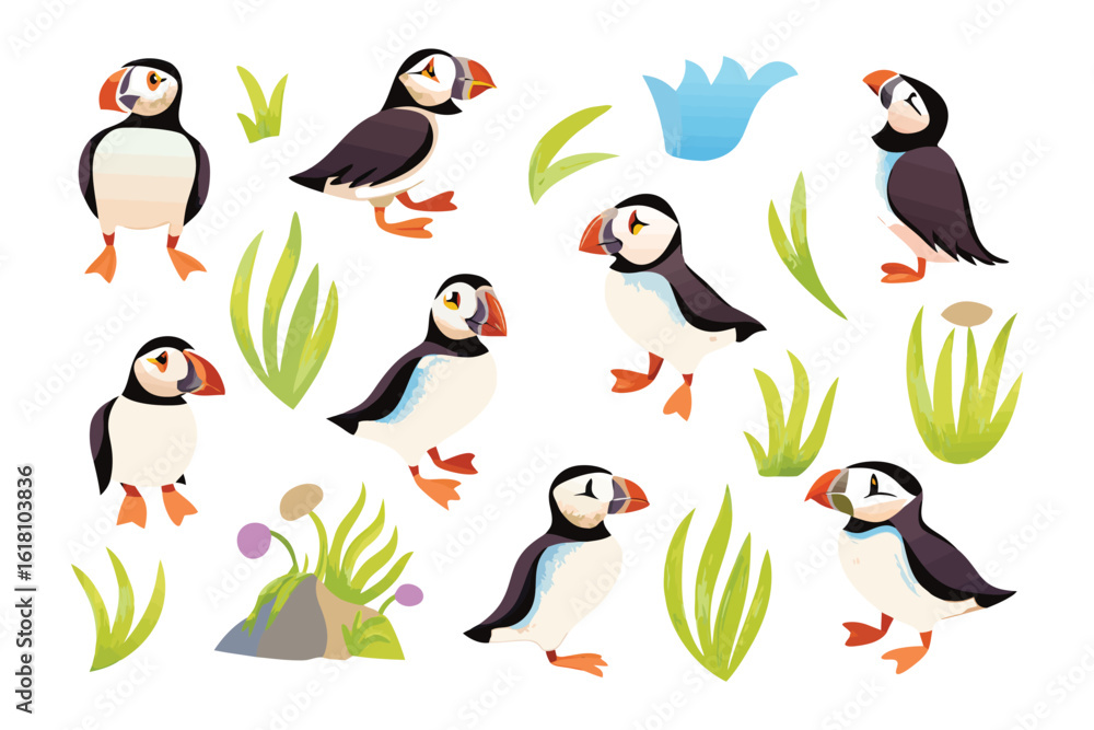 Naklejka premium Puffin Illustration Collection: A captivating array of stylized puffin illustrations, showcasing the charm of these sea birds in a whimsical nature scene, with accompanying plant elements.