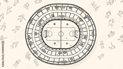 Overhead view of a basketball court inside a stadium surrounded by spectators and players around it