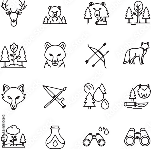 Wildlife symbols representing forest animals, hunting tools, and nature conservation activities in a simple linear design