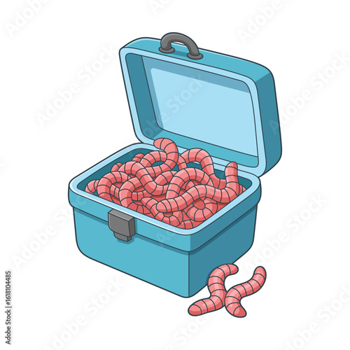 Open tackle box brimming with squirming worms for fishing bait and outdoors.