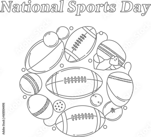 Vector art of a graphic illustration of various sports balls arranged in a circular design for national sports day, showcasing a collection of sporting equipment