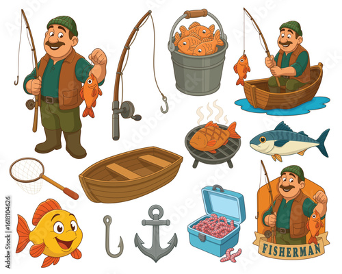 A cartoon depicting a fisherman and fishing related accessories and fish