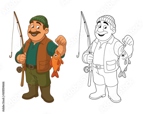Cartoon fisherman with catch and fishing rod stands proudly with a smile.