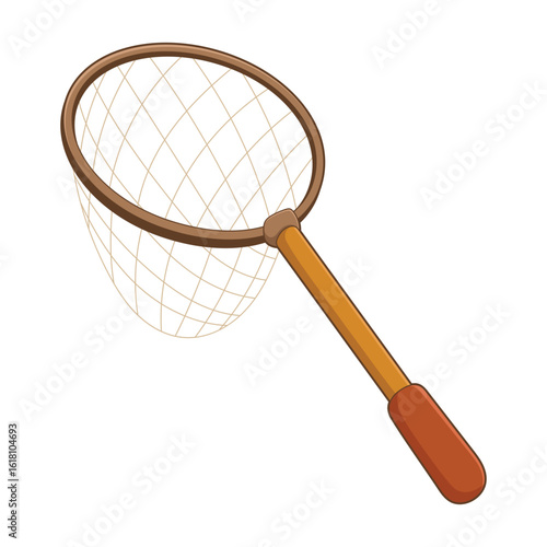 Illustration of a long-handled net with a brown handle and netting hoop.