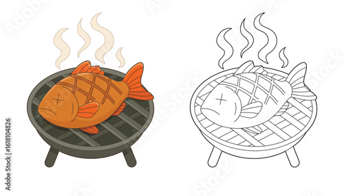A grilled fish with crosshatch scoring steams on a small charcoal grill.