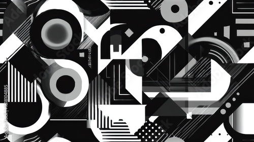 Abstract grayscale geometric composition with circles, squares, triangles and lines