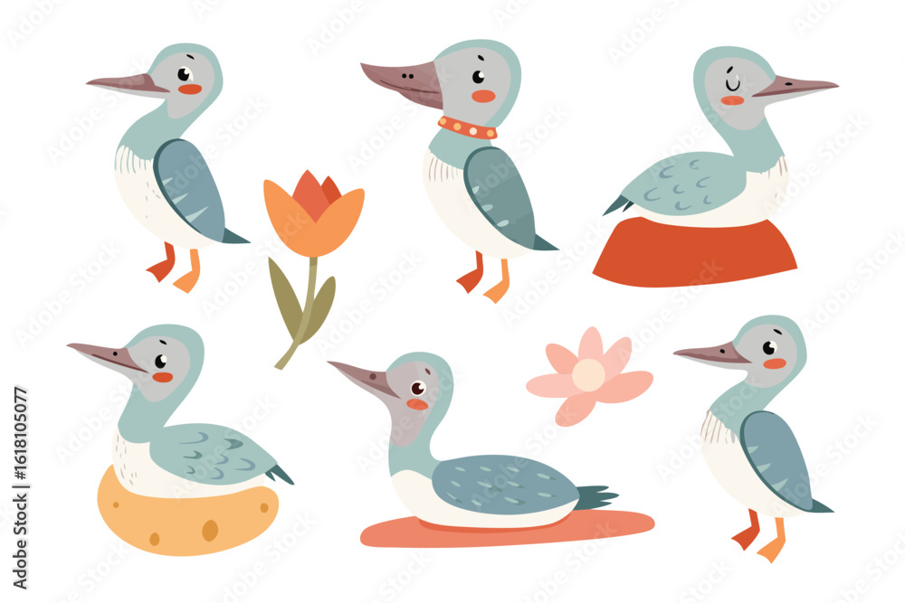 Obraz premium Duck Illustrations: A captivating collection of charming cartoon ducks, depicted in various adorable poses alongside colorful floral elements.