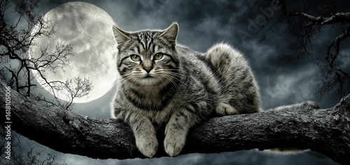 Halloween fantasy: vampire Cheshire cat  on a branch smiling and meowing in the moonlight