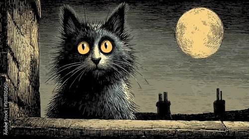 Full moon night: black funny cat with big yellow eyes on the roof meowing