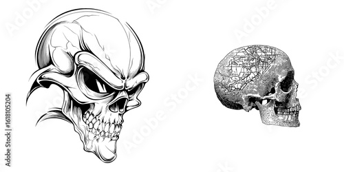 The image features a skull from the side, set against a white background, rendered as a cartoon outline that embodies a dark, gothic, and deathly symbol often used in tattoos, posters, and Halloween