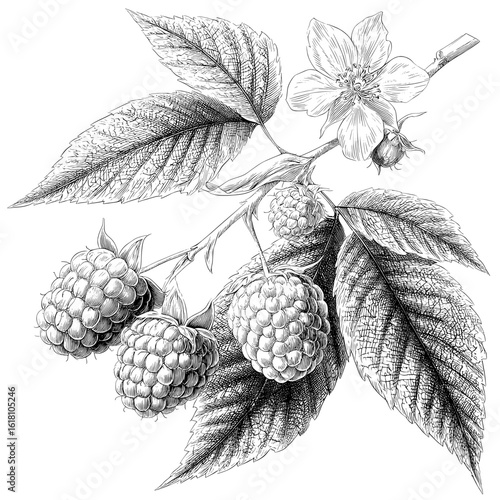 A modern illustration featuring a hand-drawn sketch in black and white of a soft fruit raspberry, accompanied by a leaf and flower, is presented in a graphic style suitable for labels, cards,