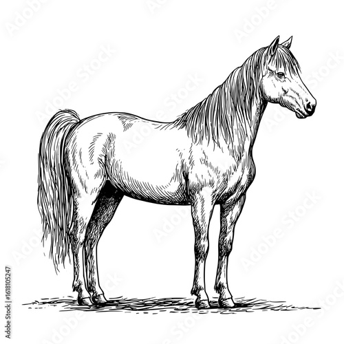 A modern line sketch features a warm-blooded horse standing in profile with a white background
