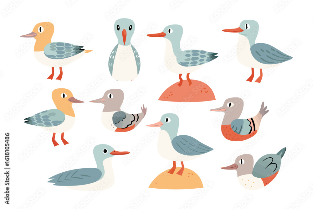 Fototapeta premium Whimsical waterfowl: A cheerful composition features a collection of uniquely designed, playful waterfowl. Their distinct expressions and patterns offer a delightful visual experience.