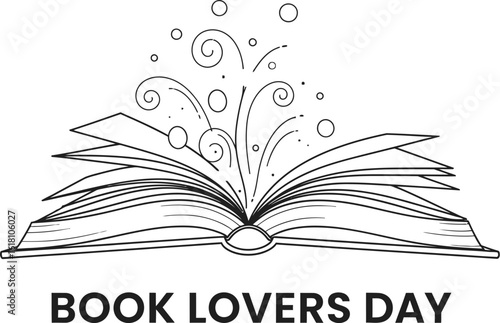 Vector art of a black and white line drawing celebrating Book Lovers Day with an open book and magical swirls