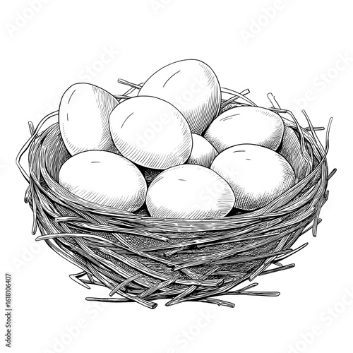 A graphic black and white illustration, modern in style, shows a nest of eggs