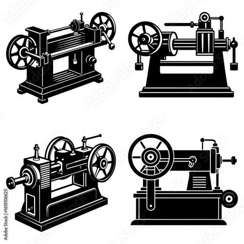 Illustration of four vintage machines with wheels and handles in black and white vector format