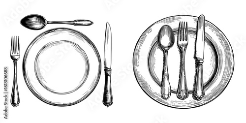 The image depicts a hand-drawn black line sketch of cutlery, comprising a spoon, knife, and fork, placed on an empty plate, set against a clean white background in a modern linear style