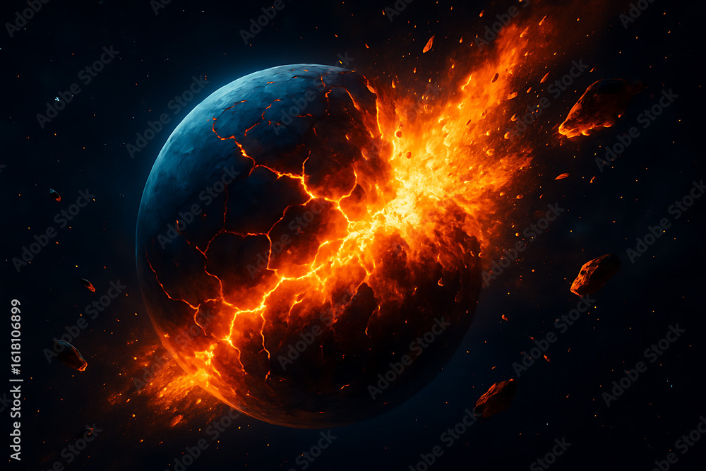 Obraz premium Exploding Planet with Fiery Cracks and Debris in Deep Outer Space