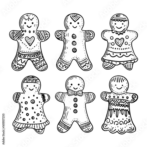 A contemporary collection of manually drawn doodle sketches of gingerbread cookies is set against a white backdrop