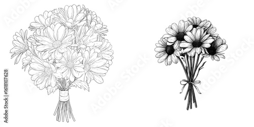 Beautiful monochrome daisy bouquet flowers, isolated in black and white, are great for designing greeting cards and invitations for special events like weddings, birthdays, Valentine's Day, Mother's