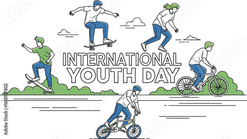 Vector art of a group of young people are celebrating international youth day by skateboarding, rollerblading, and cycling in a park, showcasing youthful energy and community spirit