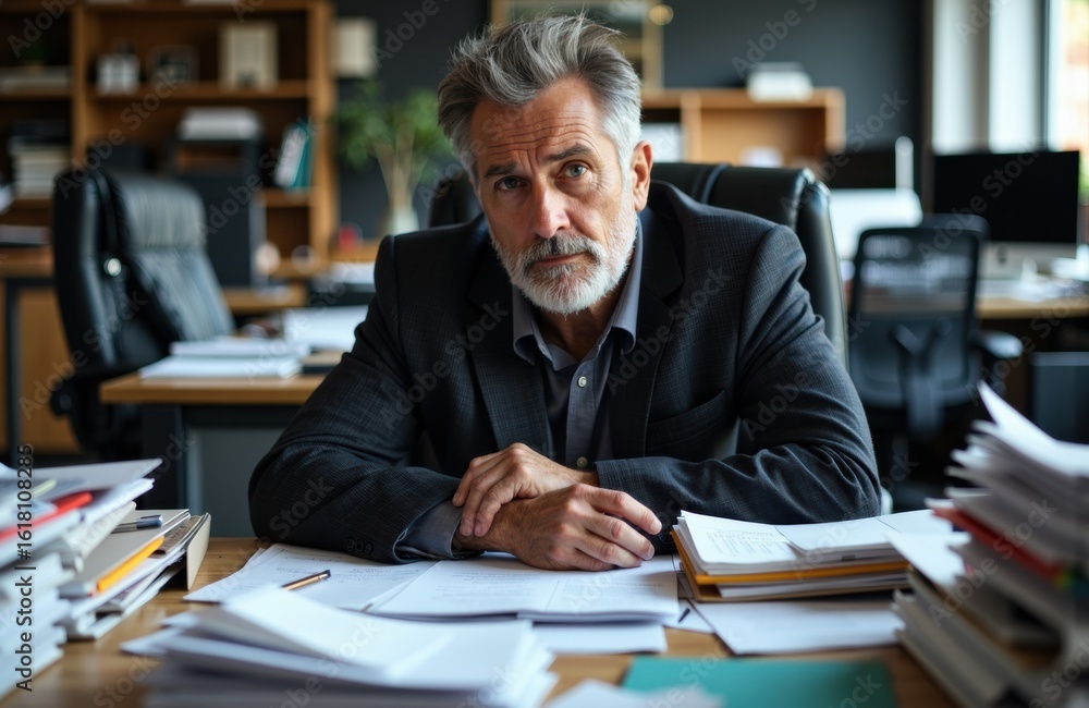 A serious middle-aged man with gray hair and beard sitting at a cluttered office desk A serious middle-aged man with gray hair and beard sitting at a cluttered office desk