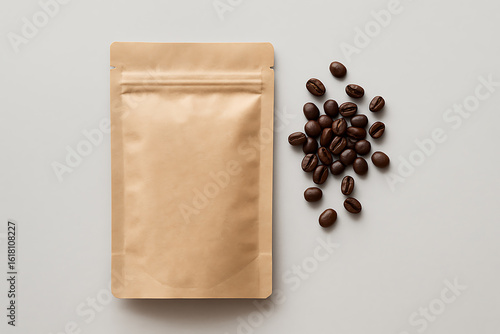 Kraft Paper Coffee Bag with Roasted Beans on Neutral Background
