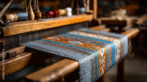 Closeup of a colorful woven textile on a traditional wooden loom