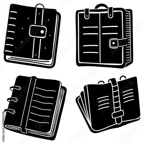 Illustration of four black and white notebooks with different binding styles and closure mechanisms seen