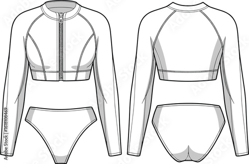 Women’s rash guard bikini set, front and back flat sketch, active swimwear design, vector template for fashion CAD illustration