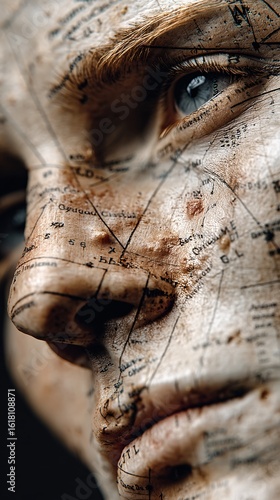 Unique Portrait of Person with Map Patterns on Face and Skin