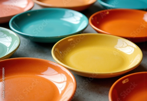 Colorful ceramic bowls arranged on a surface with vibrant hues and glossy finishes