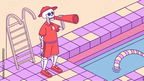 A skeleton lifeguard in red uniform shouts into a megaphone by a swimming pool with a ladder nearby