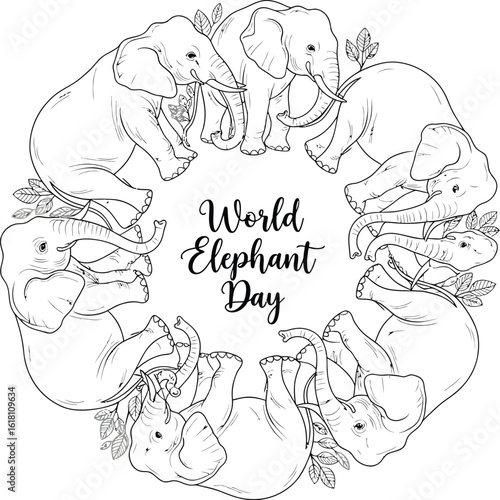Vector art of a black and white line art illustration for world elephant day, featuring a circle of elephants