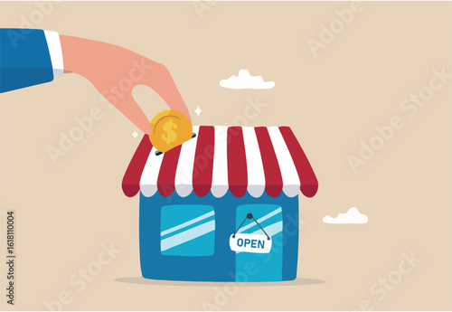 Funding small business, backing startup project or banking loan to start new business, investment or saving to open new shop concept, businessman hand funding by put coin into small business store.