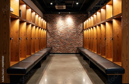 A locker room with wooden lockers and black benches along the walls, illuminated by warm lighting and featuring a brick wall at the back