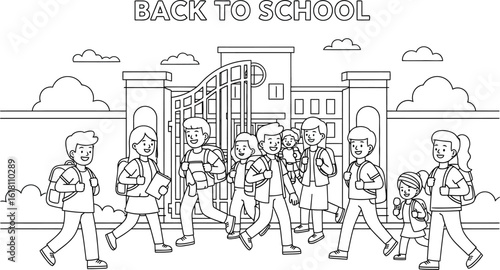 Vector art of a line art illustration of students going back to school, walking through the school gate