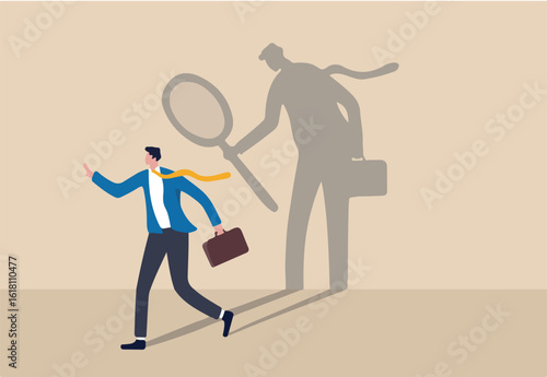 Self assessment or self analysis process to know yourself and discover plan or goal for living or work and career concept, businessman walking with shadow using magnifying glass to analyze himself.