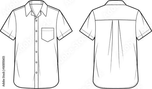 Short sleeve men’s shirt flat sketch, technical fashion cad design, front and back vector view for apparel illustration