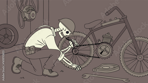A skeleton in a helmet repairs a vintage bicycle in a garage with tools and spare parts hanging around