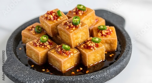 Crispy fried tofu appetizer with a spicy chili garlic sauce and fresh green peppers, served in a black stone dish