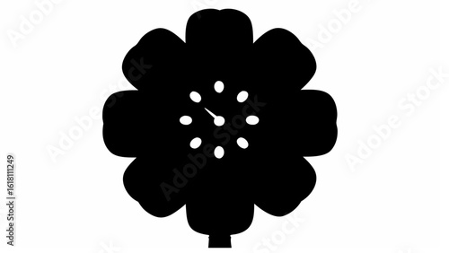 Black flower shape with white dots and clock hands in the center on a white background design shape art silhouette