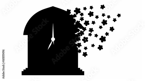 Silhouette of a clock with hands and a crumbling side transforming into flower shaped particles design
