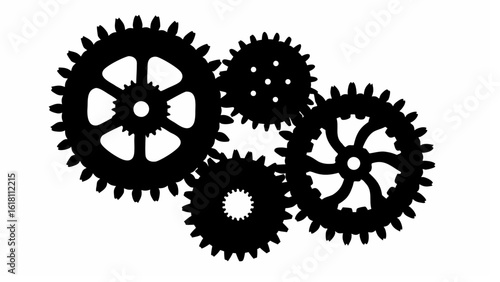 Silhouette illustration of five interlocking gears in varying sizes and designs on a white background