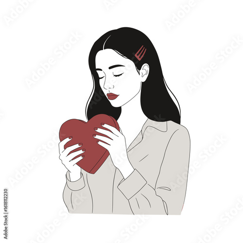 Woman holding heart-shaped box of chocolates to chest with eyes closed, minimalist black and white line drawing, vector illustration with deep red and dusty rose accents on white background