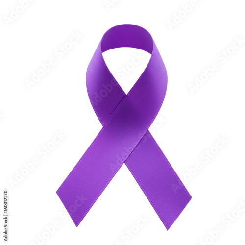 A vibrant, rich violet-purple awareness ribbon, meticulously crafted from smooth, reflective satin fabric, neatly folded into a classic loop, isolated on a pristine, transparent seamless studio