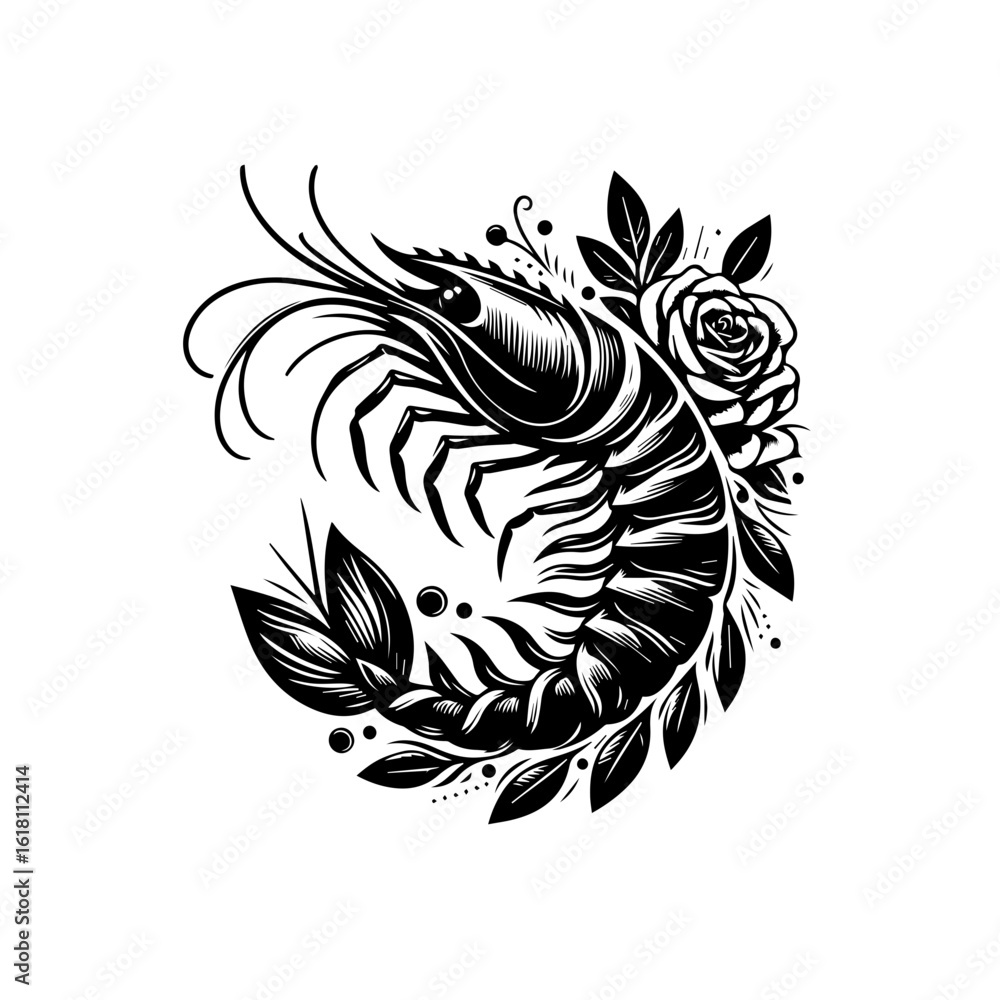 Fototapeta premium Elegant Black and White Illustration of a Shrimp with Floral Accents.