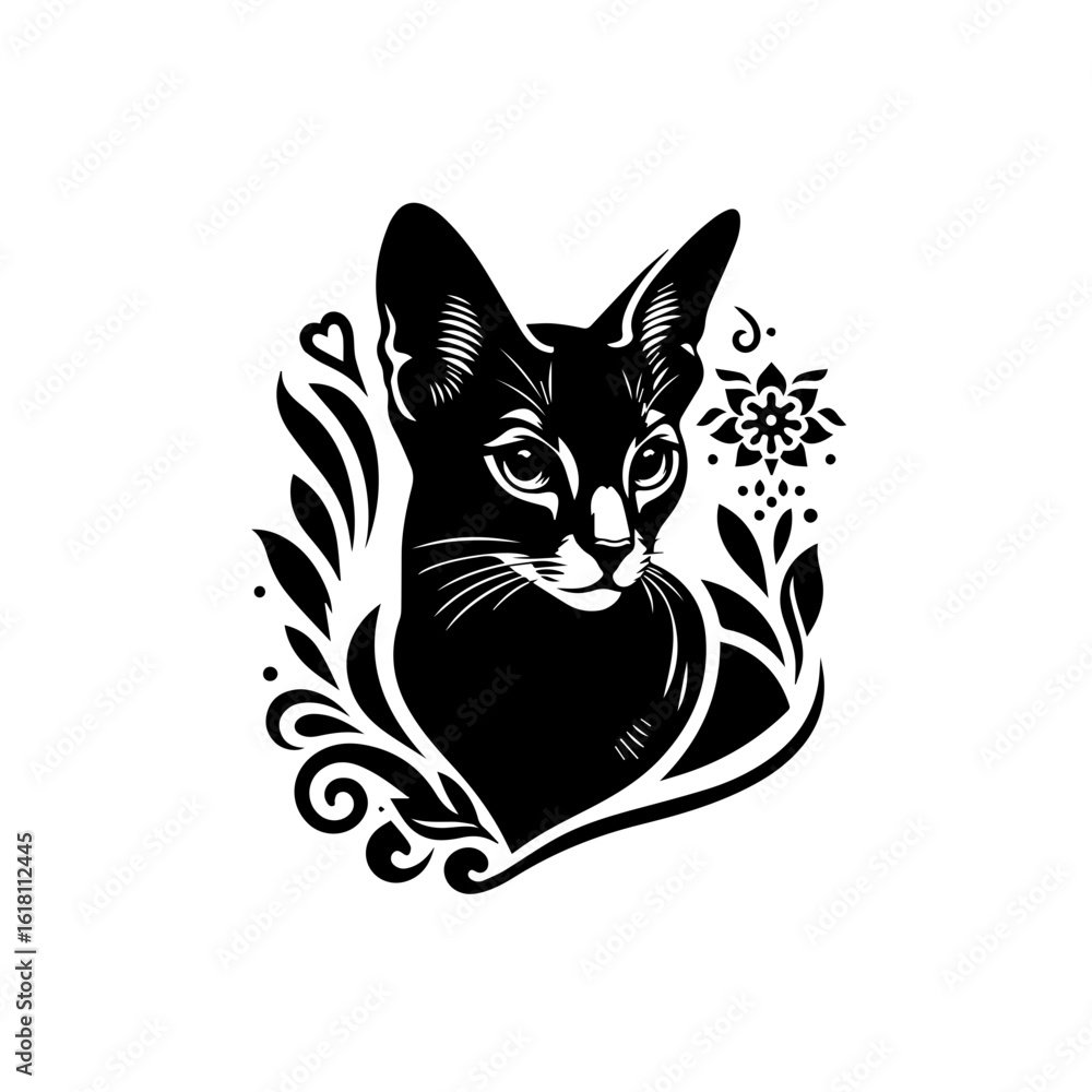 Obraz premium Elegant Black Cat Portrait with Floral Embellishments and Heart Detail.