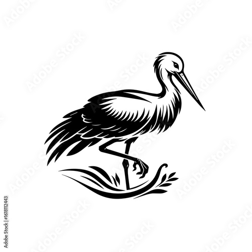 Elegant Black and White Stylized Stork with Detailed Feathers and Water Elements.