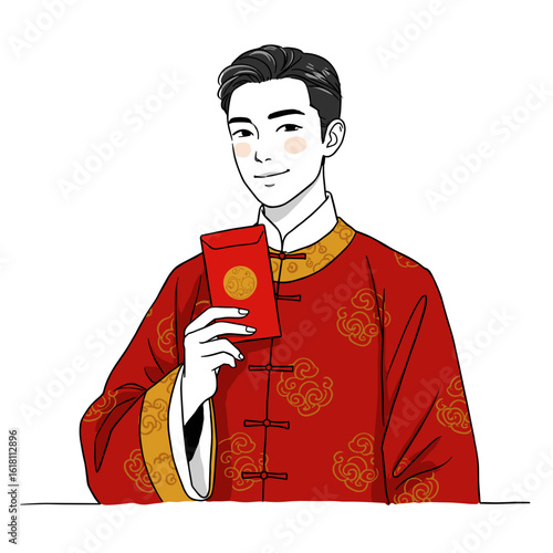 Minimalist line drawing of Chinese man in changshan smiling softly while holding red envelope, Lunar New Year celebration on white background